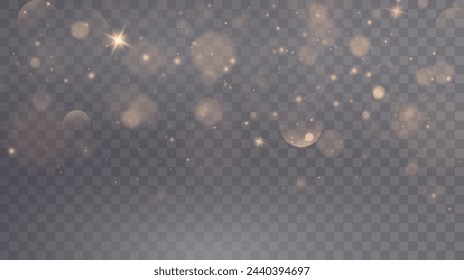 Christmas glowing bokeh confetti light and glitter texture overlay for your design. Festive sparkling gold dust png. Holiday powder dust for cards, invitations, banners, advertising.