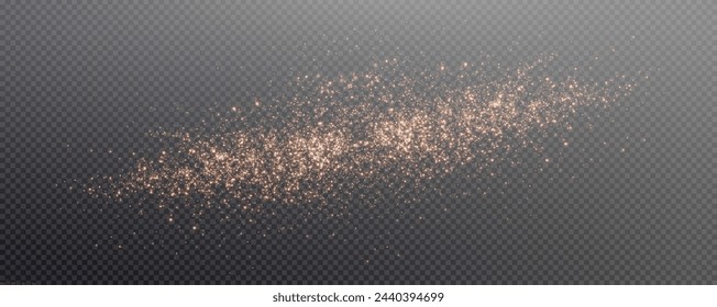 Christmas glowing bokeh confetti light and glitter texture overlay for your design. Festive sparkling gold dust png. Holiday powder dust for cards, invitations, banners, advertising.