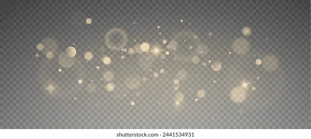 Christmas glowing bokeh confetti light and glitter texture overlay for your design. Festive sparkling gold dust png. Holiday powder dust for cards, invitations, banners, advertising.