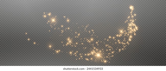 Christmas glowing bokeh confetti light and glitter texture overlay for your design. Festive sparkling gold dust png. Holiday powder dust for cards, invitations, banners, advertising.