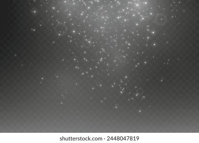 Christmas glowing bokeh confetti light and glitter texture overlay for your design. Festive sparkling white dust png. Holiday powder dust for cards, invitations, banners, advertising.