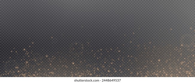 Christmas glowing bokeh confetti light and glitter texture overlay for your design. Festive sparkling gold dust png. Holiday powder dust for cards, invitations, banners, advertising.