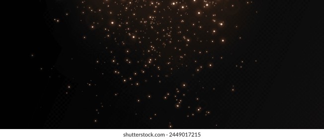 Christmas glowing bokeh confetti light and glitter texture overlay for your design. Festive sparkling gold dust png. Holiday powder dust for cards, invitations, banners, advertising.