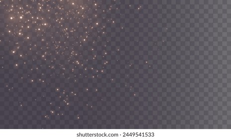 Christmas glowing bokeh confetti light and glitter texture overlay for your design. Festive sparkling gold dust png. Holiday powder dust for cards, invitations, banners, advertising.