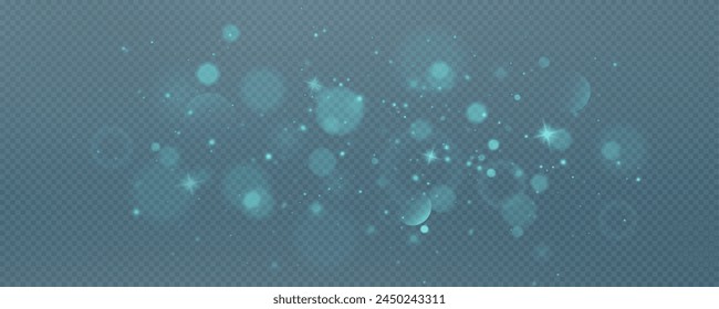 Christmas glowing bokeh confetti light and glitter texture overlay for your design. Festive sparkling blue dust png. Holiday powder dust for cards, invitations, banners, advertising.