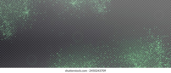 Christmas glowing bokeh confetti light and glitter texture overlay for your design. Festive sparkling green dust png. Holiday powder dust for cards, invitations, banners, advertising.