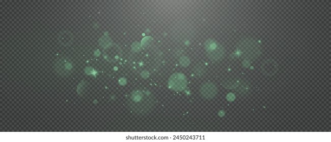 Christmas glowing bokeh confetti light and glitter texture overlay for your design. Festive sparkling green dust png. Holiday powder dust for cards, invitations, banners, advertising.