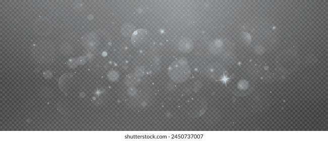 Christmas glowing bokeh confetti light and glitter texture overlay for your design. Festive sparkling white dust png. Holiday powder dust for cards, invitations, banners, advertising.