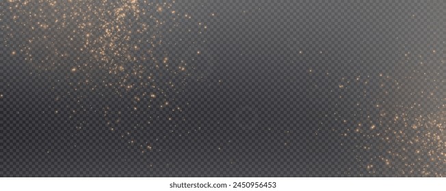 Christmas glowing bokeh confetti light and glitter texture overlay for your design. Festive sparkling gold dust png. Holiday powder dust for cards, invitations, banners, advertising.