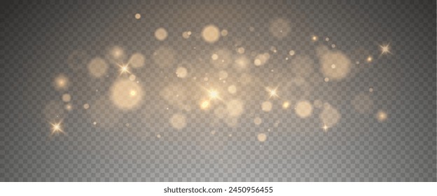 Christmas glowing bokeh confetti light and glitter texture overlay for your design. Festive sparkling gold dust png. Holiday powder dust for cards, invitations, banners, advertising.