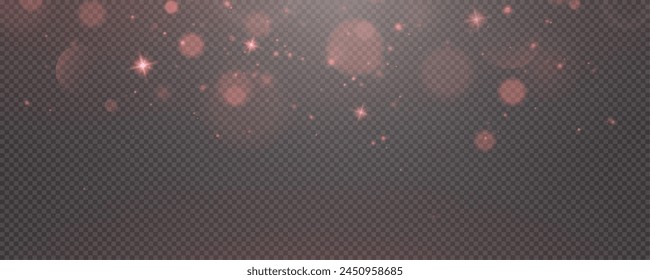 Christmas glowing bokeh confetti light and glitter texture overlay for your design. Festive sparkling red dust png. Holiday powder dust for cards, invitations, banners, advertising.