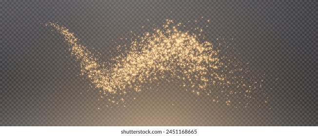 Christmas glowing bokeh confetti light and glitter texture overlay for your design. Festive sparkling gold dust png. Holiday powder dust for cards, invitations, banners, advertising.