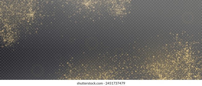 Christmas glowing bokeh confetti light and glitter texture overlay for your design. Festive sparkling gold dust png. Holiday powder dust for cards, invitations, banners, advertising.