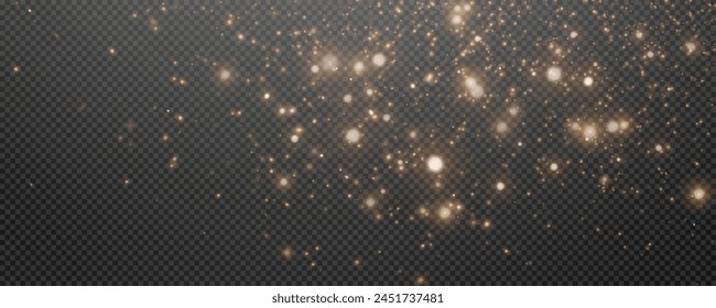 Christmas glowing bokeh confetti light and glitter texture overlay for your design. Festive sparkling gold dust png. Holiday powder dust for cards, invitations, banners, advertising.