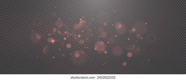 Christmas glowing bokeh confetti light and glitter texture overlay for your design. Festive sparkling red dust png. Holiday powder dust for cards, invitations, banners, advertising.