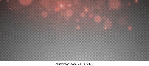 Christmas glowing bokeh confetti light and glitter texture overlay for your design. Festive sparkling red dust png. Holiday powder dust for cards, invitations, banners, advertising.
