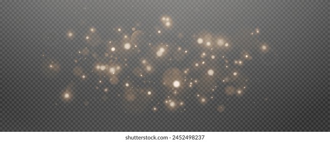 Christmas glowing bokeh confetti light and glitter texture overlay for your design. Festive sparkling gold dust png. Holiday powder dust for cards, invitations, banners, advertising.