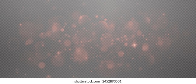 Christmas glowing bokeh confetti light and glitter texture overlay for your design. Festive sparkling red dust png. Holiday powder dust for cards, invitations, banners, advertising.