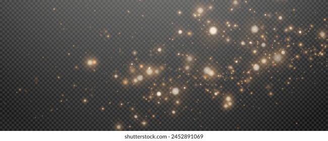 Christmas glowing bokeh confetti light and glitter texture overlay for your design. Festive sparkling gold dust png. Holiday powder dust for cards, invitations, banners, advertising.