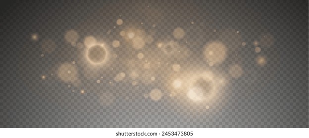 Christmas glowing bokeh confetti light and glitter texture overlay for your design. Festive sparkling gold dust png. Holiday powder dust for cards, invitations, banners, advertising.