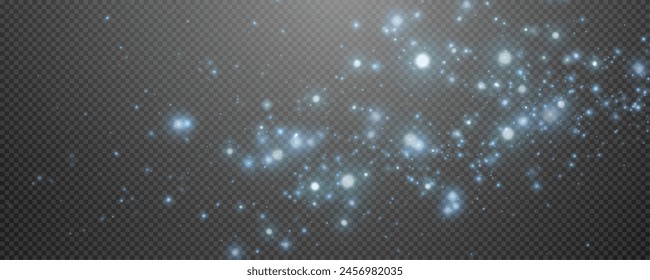 Christmas glowing bokeh confetti light and glitter texture overlay for your design. Festive sparkling blue dust png. Holiday powder dust for cards, invitations, banners, advertising.