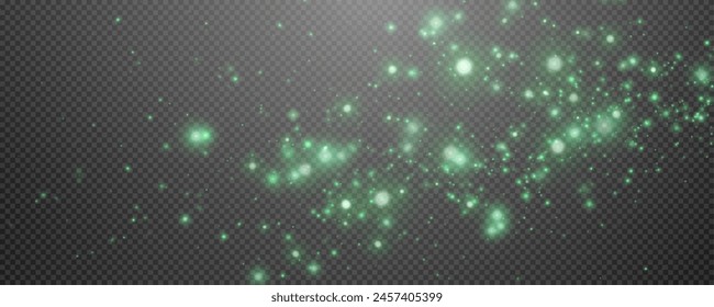 Christmas glowing bokeh confetti light and glitter texture overlay for your design. Festive sparkling green dust png. Holiday powder dust for cards, invitations, banners, advertising.