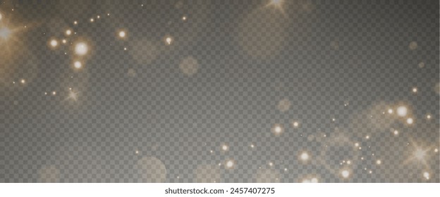 Christmas glowing bokeh confetti light and glitter texture overlay for your design. Festive sparkling gold dust png. Holiday powder dust for cards, invitations, banners, advertising.