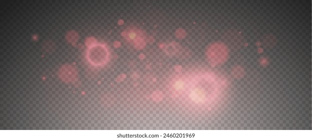 Christmas glowing bokeh confetti light and glitter texture overlay for your design. Festive sparkling red dust png. Holiday powder dust for cards, invitations, banners, advertising.