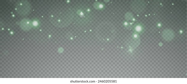 Christmas glowing bokeh confetti light and glitter texture overlay for your design. Festive sparkling green dust png. Holiday powder dust for cards, invitations, banners, advertising.