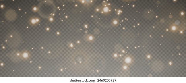 Christmas glowing bokeh confetti light and glitter texture overlay for your design. Festive sparkling gold dust png. Holiday powder dust for cards, invitations, banners, advertising.