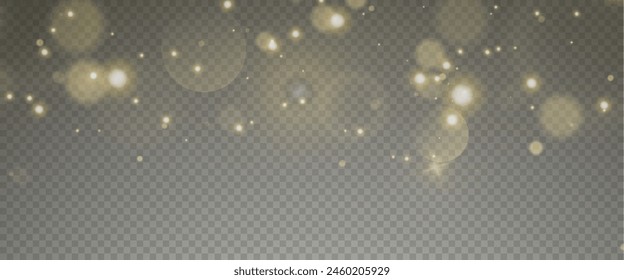 Christmas glowing bokeh confetti light and glitter texture overlay for your design. Festive sparkling gold dust png. Holiday powder dust for cards, invitations, banners, advertising.