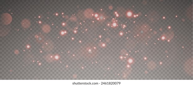 Christmas glowing bokeh confetti light and glitter texture overlay for your design. Festive sparkling red dust png. Holiday powder dust for cards, invitations, banners, advertising.