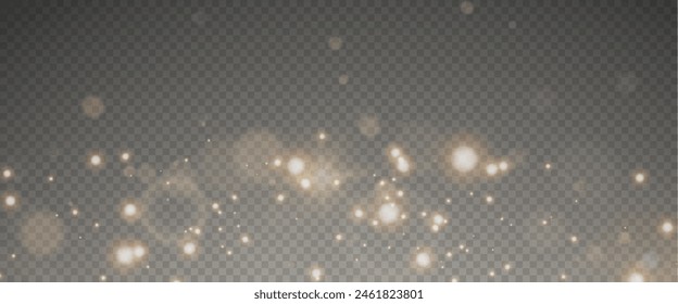 Christmas glowing bokeh confetti light and glitter texture overlay for your design. Festive sparkling gold dust png. Holiday powder dust for cards, invitations, banners, advertising.