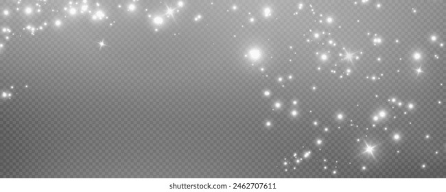 Christmas glowing bokeh confetti light and glitter texture overlay for your design. Festive sparkling white dust png. Holiday powder dust for cards, invitations, banners, advertising.