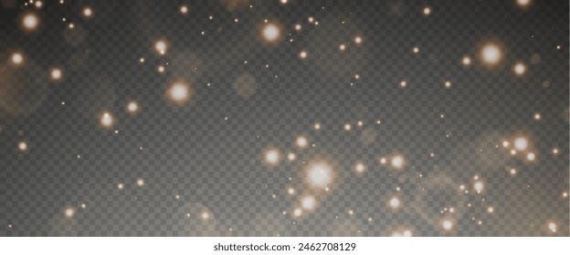 Christmas glowing bokeh confetti light and glitter texture overlay for your design. Festive sparkling gold dust png. Holiday powder dust for cards, invitations, banners, advertising.