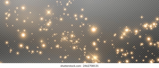 Christmas glowing bokeh confetti light and glitter texture overlay for your design. Festive sparkling gold dust png. Holiday powder dust for cards, invitations, banners, advertising.