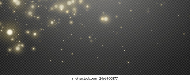 Christmas glowing bokeh confetti light and glitter texture overlay for your design. Festive sparkling gold dust png. Holiday powder dust for cards, invitations, banners, advertising.