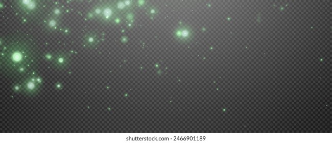 Christmas glowing bokeh confetti light and glitter texture overlay for your design. Festive sparkling green dust png. Holiday powder dust for cards, invitations, banners, advertising.