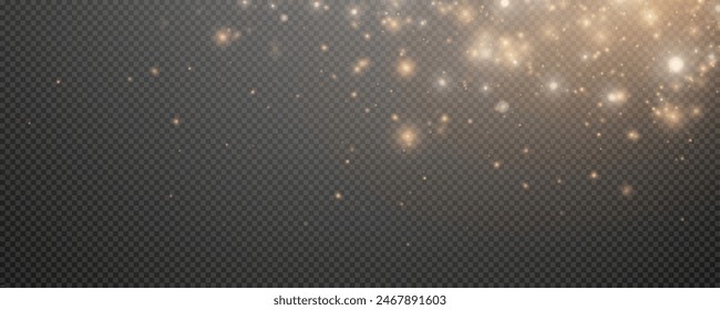 Christmas glowing bokeh confetti light and glitter texture overlay for your design. Festive sparkling gold dust png. Holiday powder dust for cards, invitations, banners, advertising.