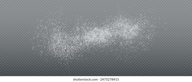 Christmas glowing bokeh confetti light and glitter texture overlay for your design. Frosting effect sugar png, salt and flour for baking, with powder white and isolated on transparent background. 