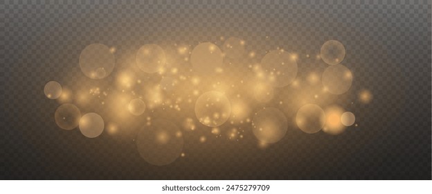 Christmas glowing bokeh confetti light and glitter texture overlay for your design. Festive sparkling gold dust png. Holiday powder dust for cards, invitations, banners, advertising.