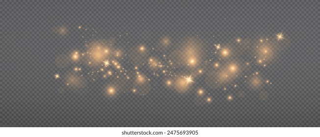 Christmas glowing bokeh confetti light and glitter texture overlay for your design. Festive sparkling gold dust png. Holiday powder dust for cards, invitations, banners, advertising.