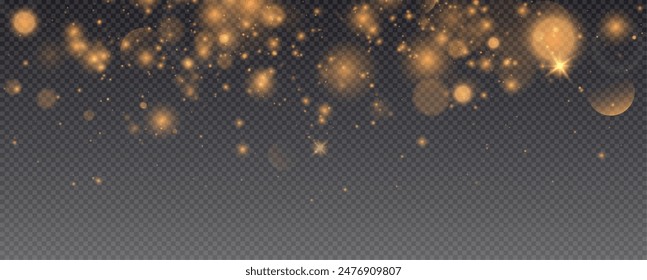 Christmas glowing bokeh confetti light and glitter texture overlay for your design. Festive sparkling gold dust png. Holiday powder dust for cards, invitations, banners, advertising.