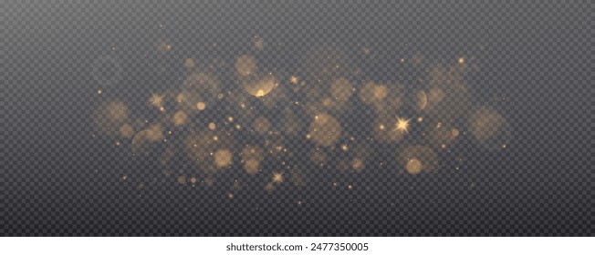 Christmas glowing bokeh confetti light and glitter texture overlay for your design. Festive sparkling gold dust png. Holiday powder dust for cards, invitations, banners, advertising.