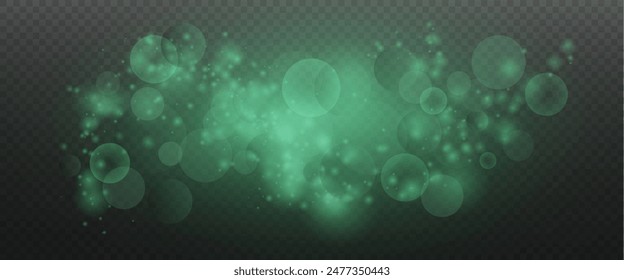 Christmas glowing bokeh confetti light and glitter texture overlay for your design. Festive sparkling green dust png. Holiday powder dust for cards, invitations, banners, advertising.