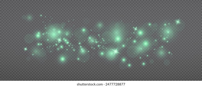 Christmas glowing bokeh confetti light and glitter texture overlay for your design. Festive sparkling green dust png. Holiday powder dust for cards, invitations, banners, advertising.