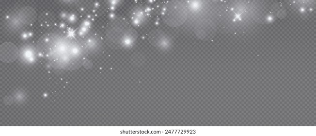 Christmas glowing bokeh confetti light and glitter texture overlay for your design. Festive sparkling white dust png. Holiday powder dust for cards, invitations, banners, advertising.