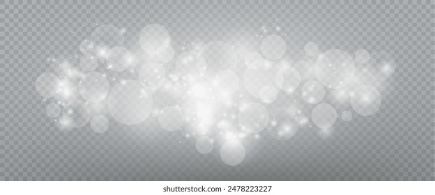 Christmas glowing bokeh confetti light and glitter texture overlay for your design. Festive sparkling white dust png. Holiday powder dust for cards, invitations, banners, advertising.