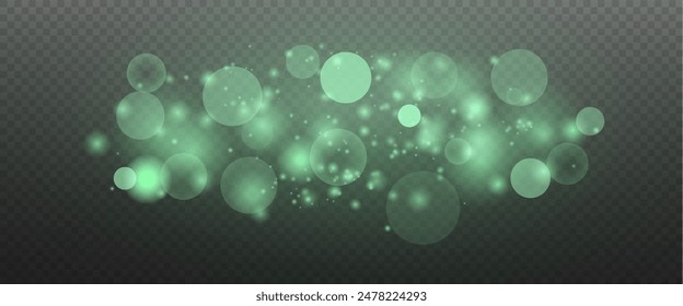 Christmas glowing bokeh confetti light and glitter texture overlay for your design. Festive sparkling green dust png. Holiday powder dust for cards, invitations, banners, advertising.