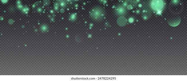 Christmas glowing bokeh confetti light and glitter texture overlay for your design. Festive sparkling green dust png. Holiday powder dust for cards, invitations, banners, advertising.